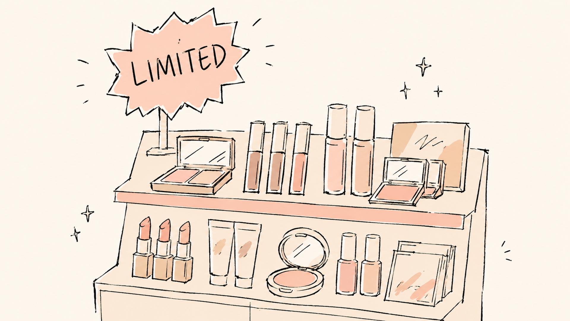 「LIMITED」と書かれたポップが立つ限定コスメの陳列棚