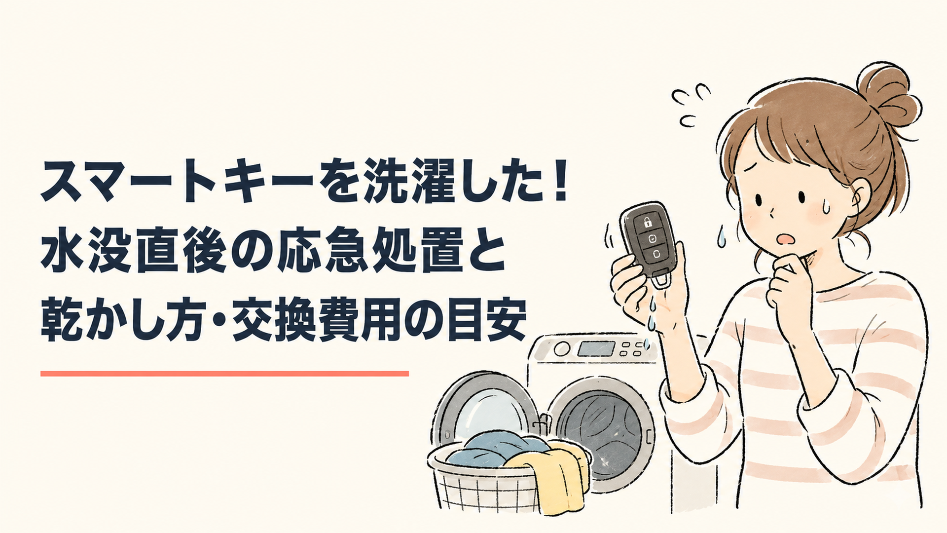 洗濯機の前で濡れたスマートキーを手に持ち困っている場面