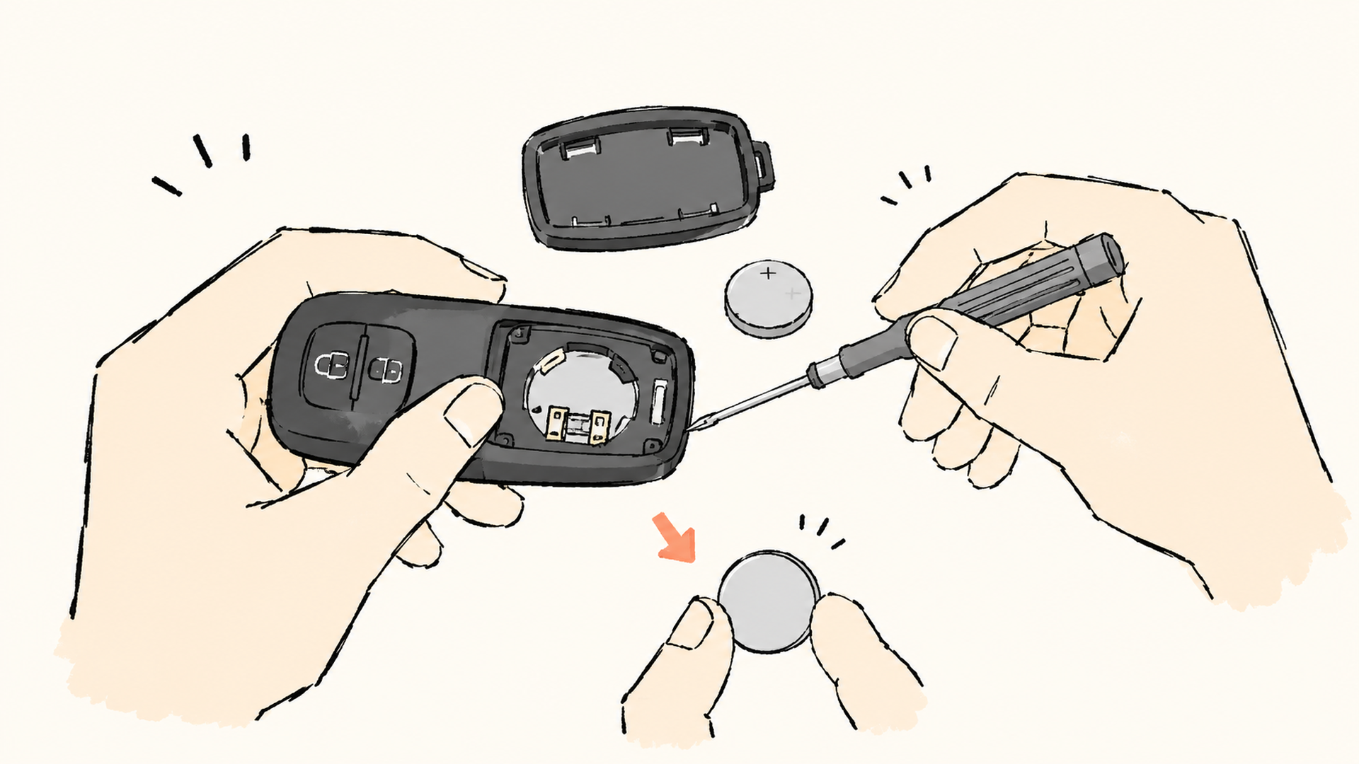 精密ドライバーで電池フタを開け、ボタン電池を取り外すスマートキー