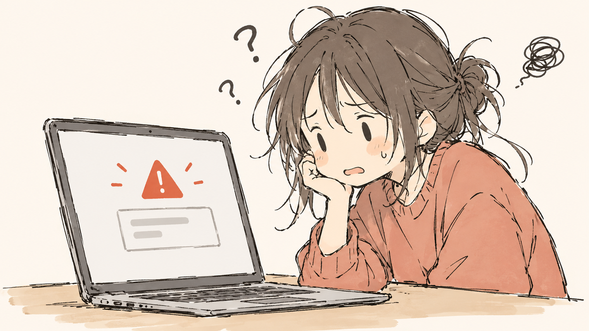 エラー表示のノートPC画面を前に困惑する人