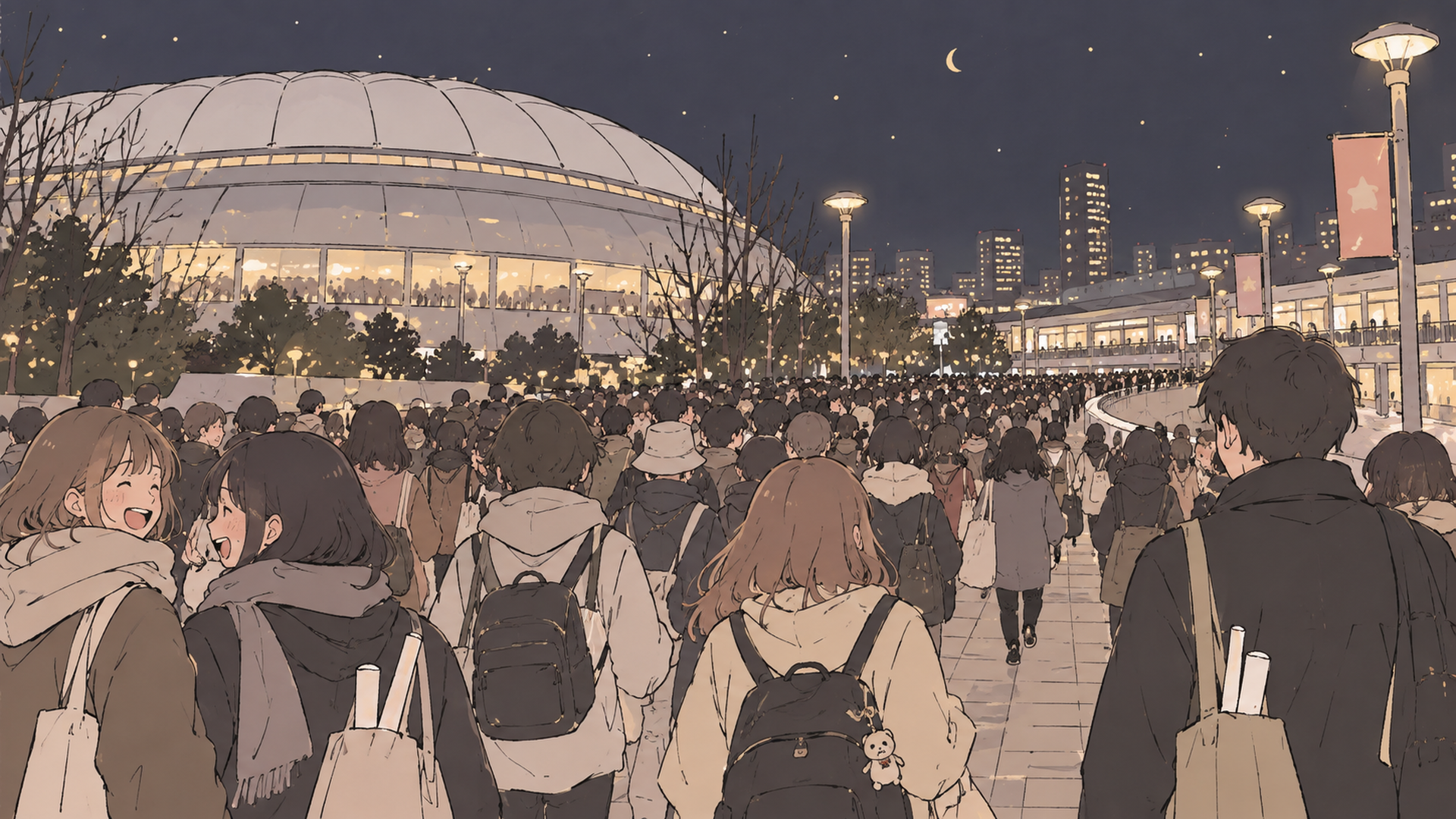 終演後の夜のドーム周辺で駅へ向かう大勢の観客の列