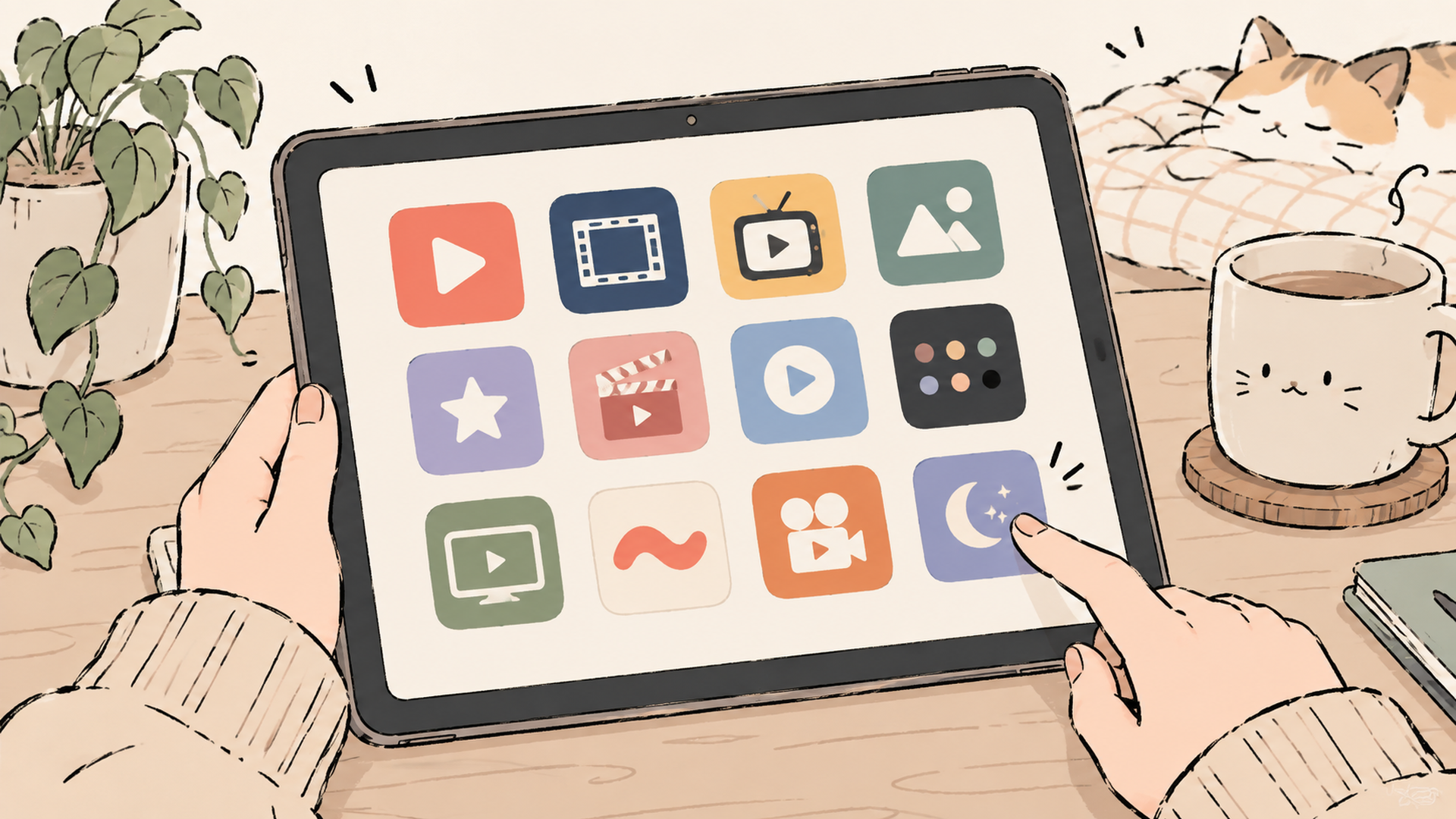 複数の動画配信サービスのアイコンが並ぶタブレット画面