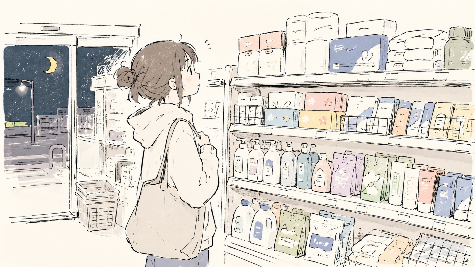 夜のコンビニの日用品棚を眺める買い物客