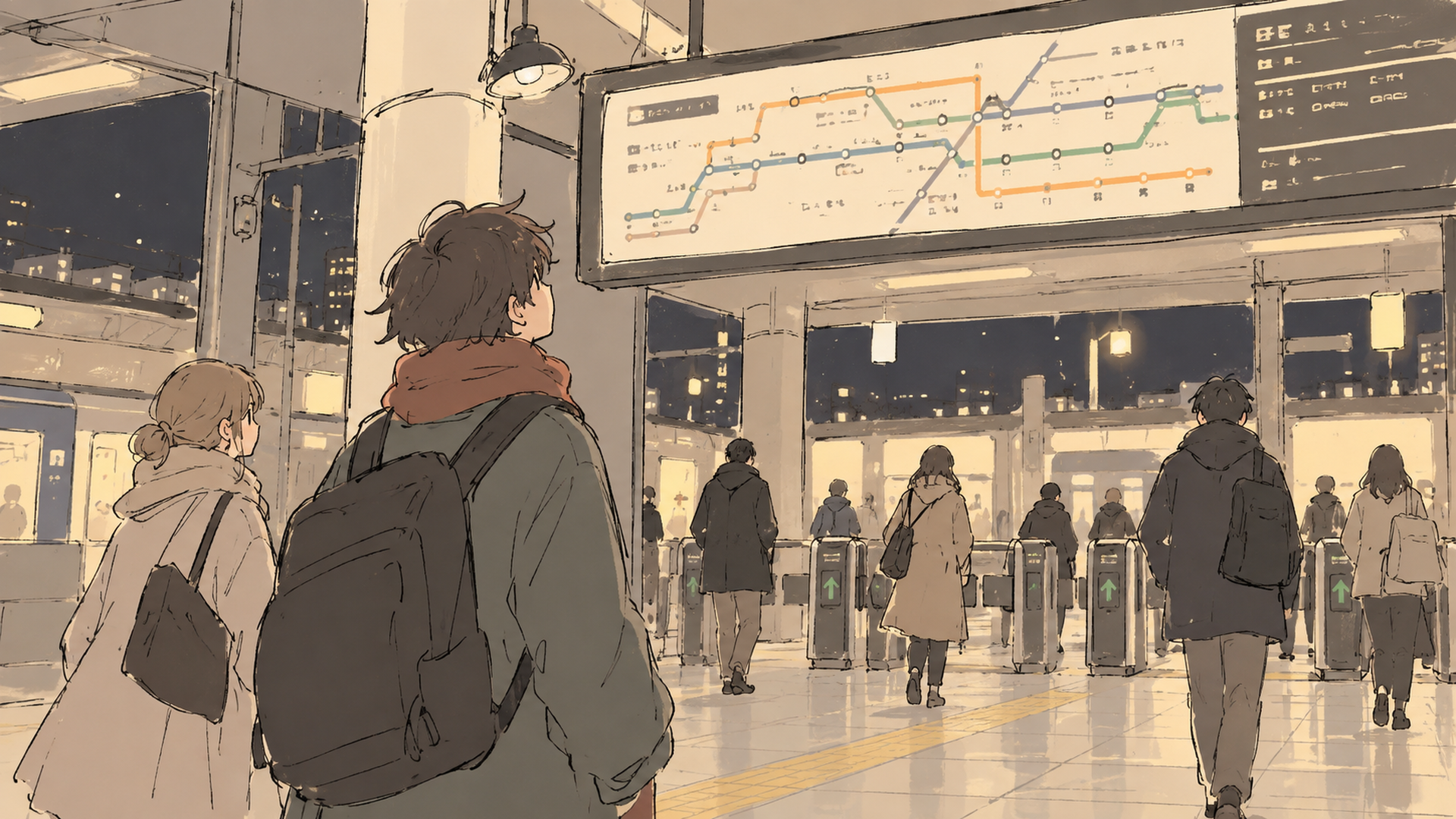 夜の駅構内で路線案内板を確認しながら改札へ向かう人々