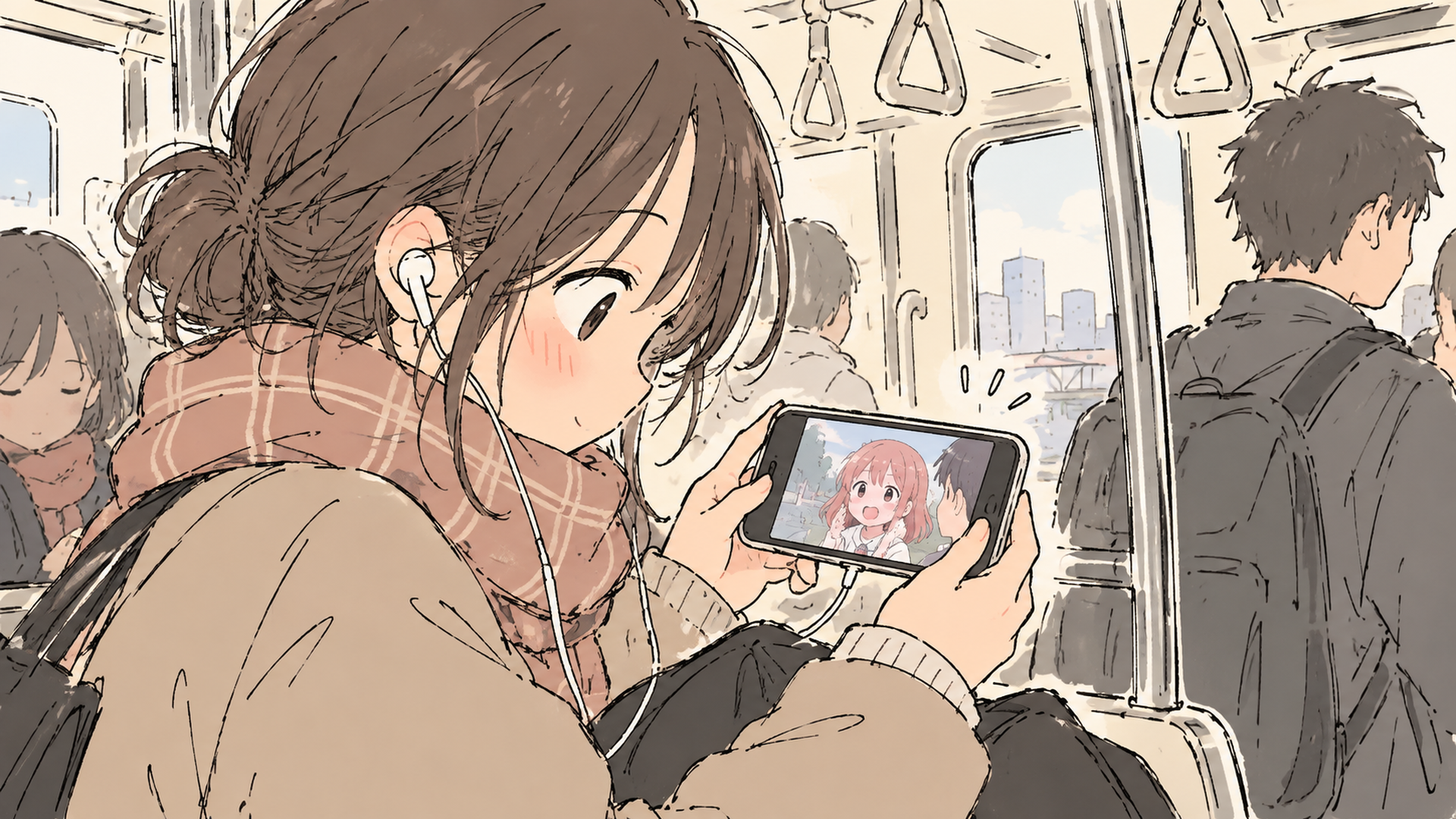 スマートフォンで見逃し配信のアニメを見る通勤中の人