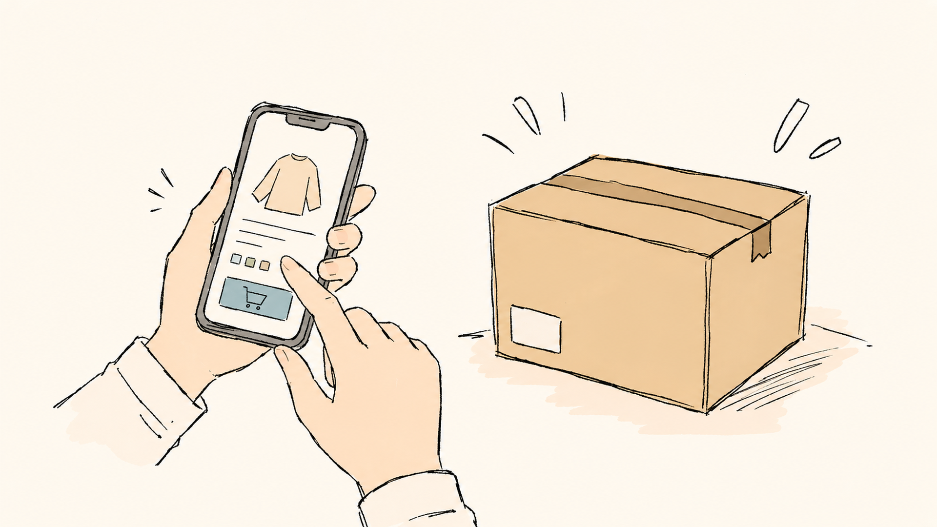 スマホでネット通販を操作する手と届いた段ボール箱