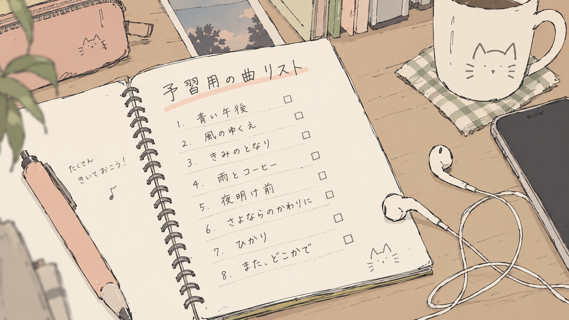 予習用の曲リストを書き込んだノートとイヤホンが置かれた机