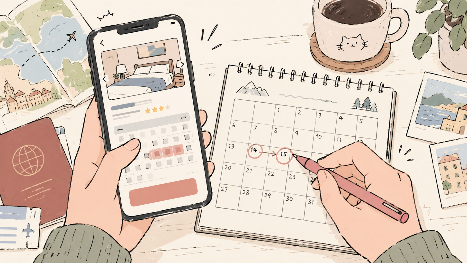 スマホでホテル予約画面を開き、カレンダーに日程を書き込む手元