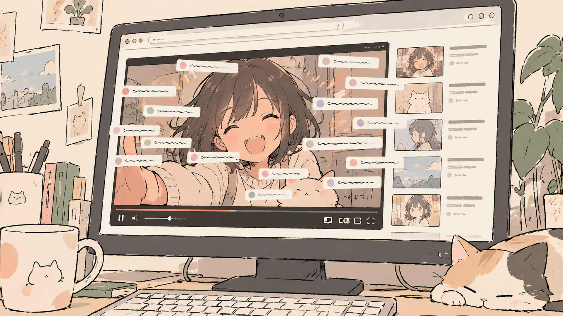 動画の上をたくさんのコメントが流れるパソコン画面