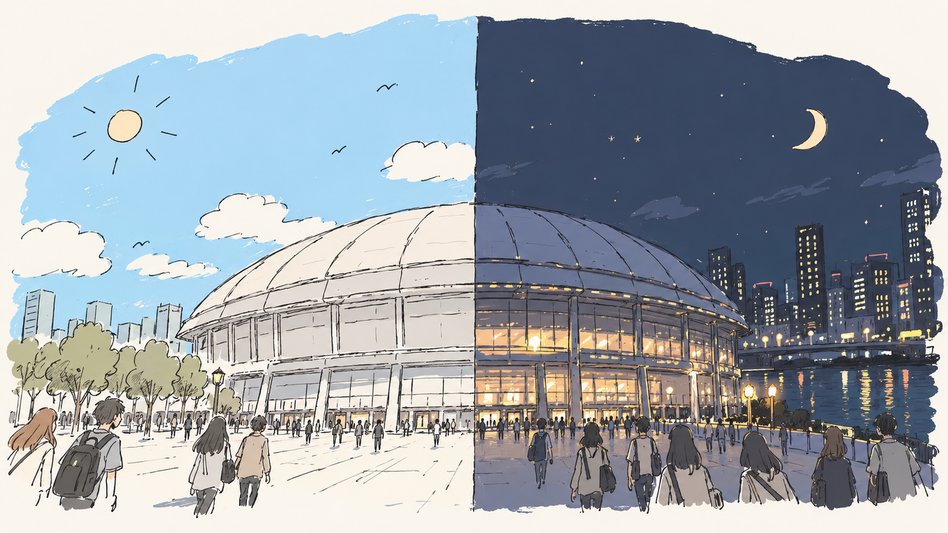 昼の青空と夜景を左右に並べたドーム会場の対比