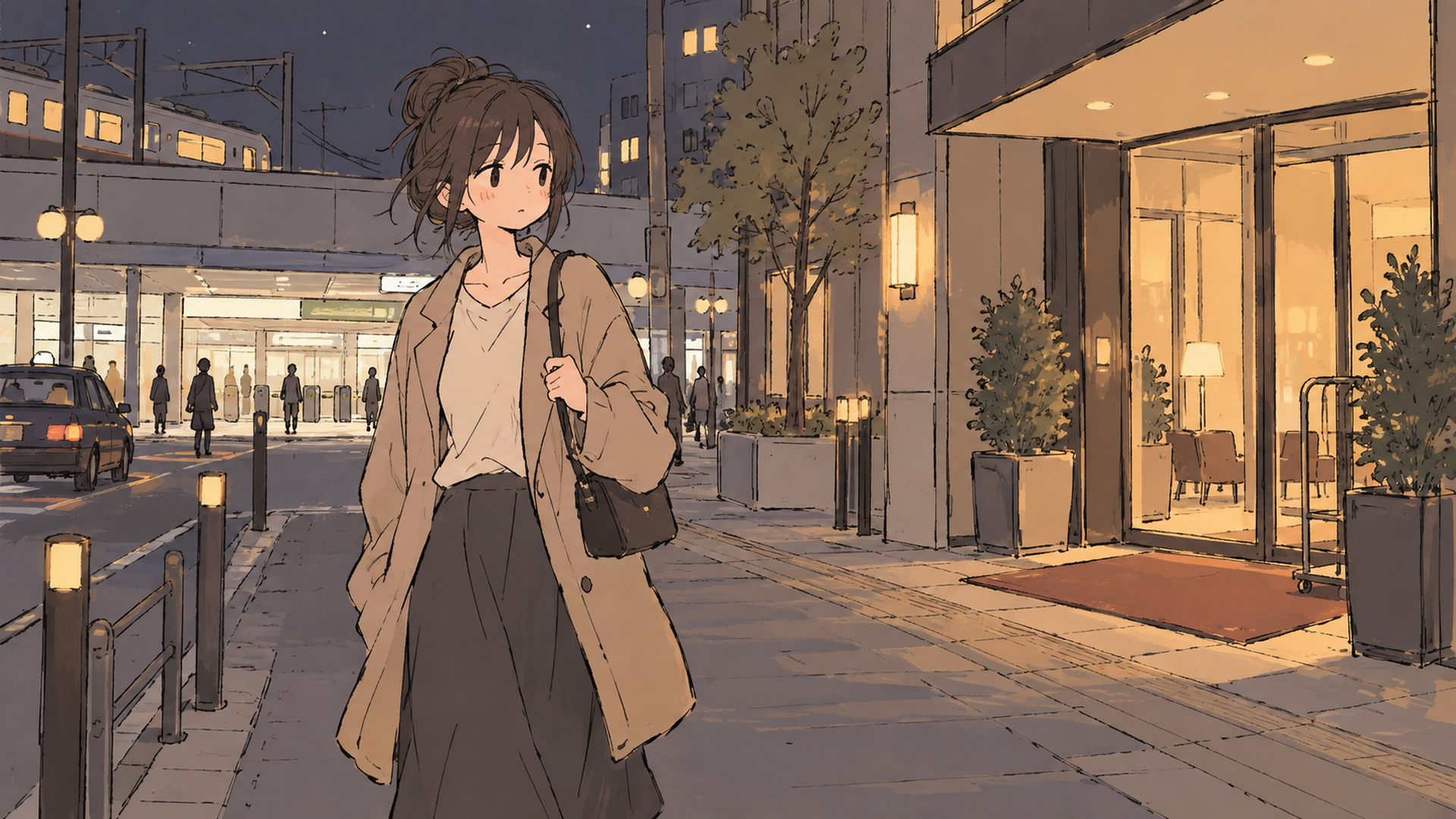 夜の駅前通りを一人で歩く女性と明かりのついたホテルの入口