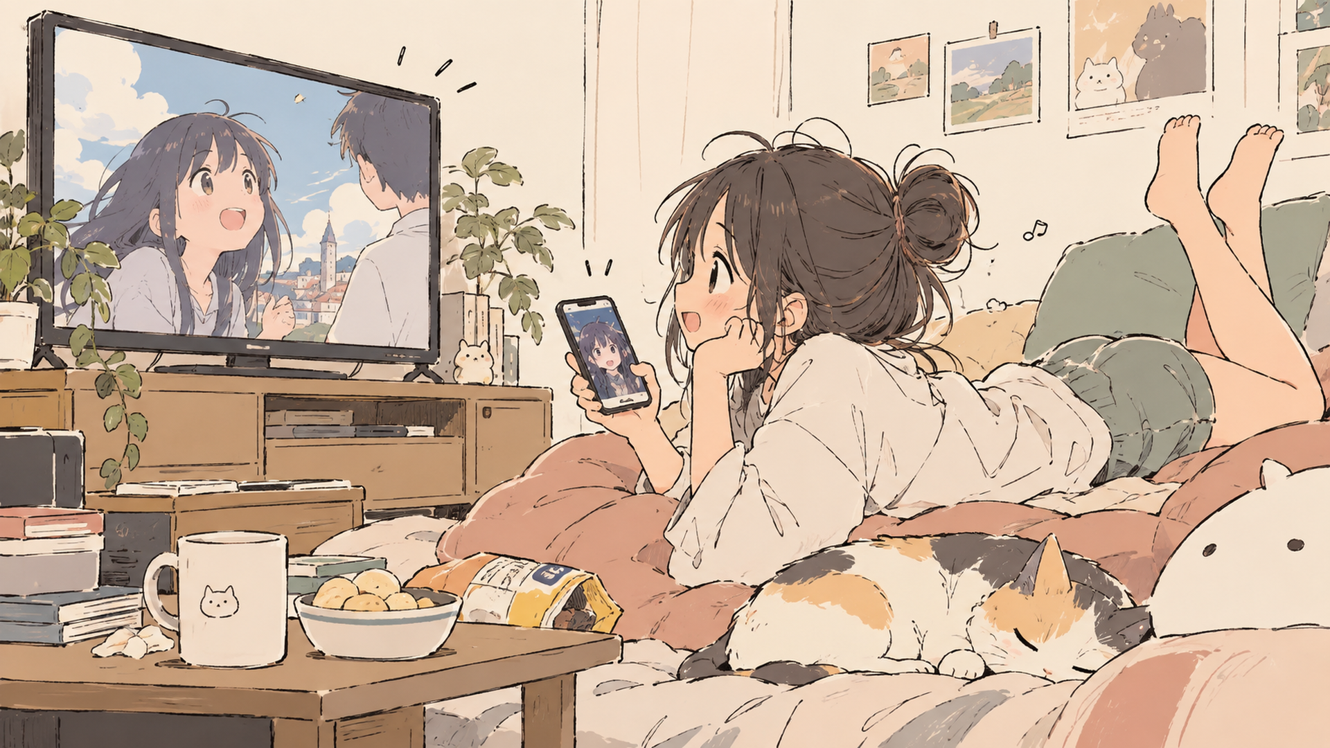 テレビとスマホを使い分けてくつろぎながらアニメを見る人